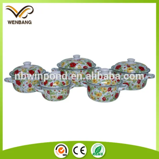 full decal enamel cookware with metal lid, vintage durable travel cooking set