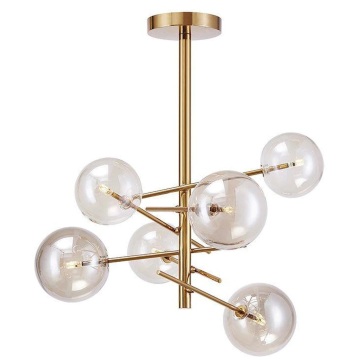 Candelera de colgante de bola de vidrio de 6 cabezas - Iluminación de araña de rama rotativa de acero inoxidable de oro