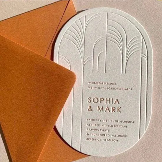 Cotton Paper Custom Arch Shaped Embossing Carving Wedding Thank You Cards with Envelopes
