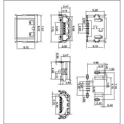 MUFM30-XLXXX 30-MICRO USB Receptacle B Type 5Pin,With Ejector Type,DIP(7.7mm+5.3mm),Reverse Type 