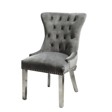 Grey Upholstered Velvet Dining Chairs with Silver Legs and Knocker Back