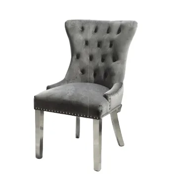 Grey Upholstered Velvet Dining Chairs with Silver Legs and Knocker Back