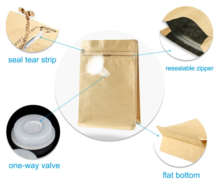Kraft paper coffee bags with valve 