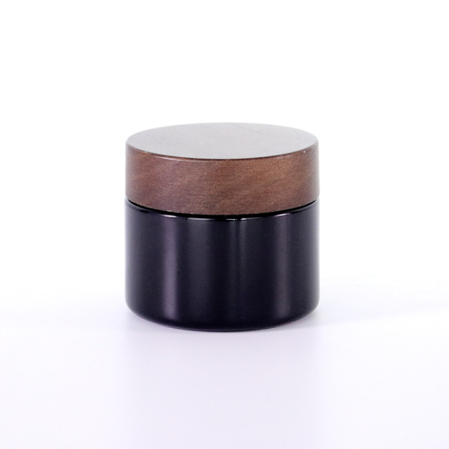 Black Cosmetic Jar for Skincare Eco-friendly Black frosted glass cream jar with wooden cap Factory