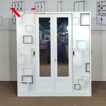 Customized Metal Wardrobe: 4-Door Bedroom Storage Cabinet with Mirror