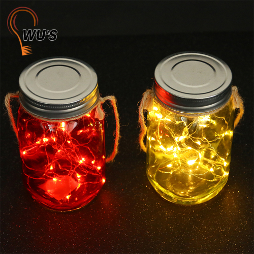 Latest style Hanging plastic metal clean glass red jar light lids mason jar solar lights