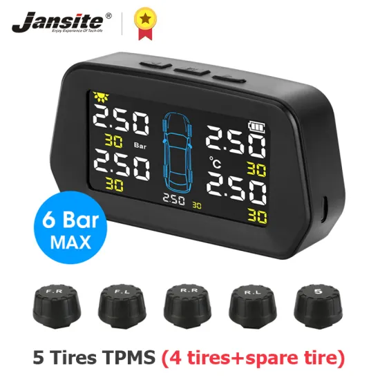 Jansite TPMS for 5 Tires Alarm Tire Pressure Sensor Monitoring System Solar Power Auto Security Tyre Pressure control Spare tire