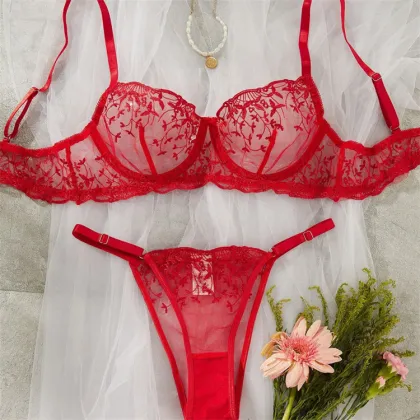 French Sexy Lace Embroidery Bra Thong Underwear Set