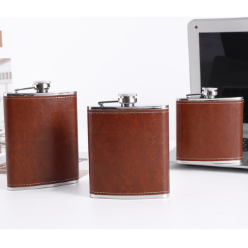 Custom Logo Leather Hip 8oz Stainless Steel Whiskey Flask with Funnel and Wine Glasses