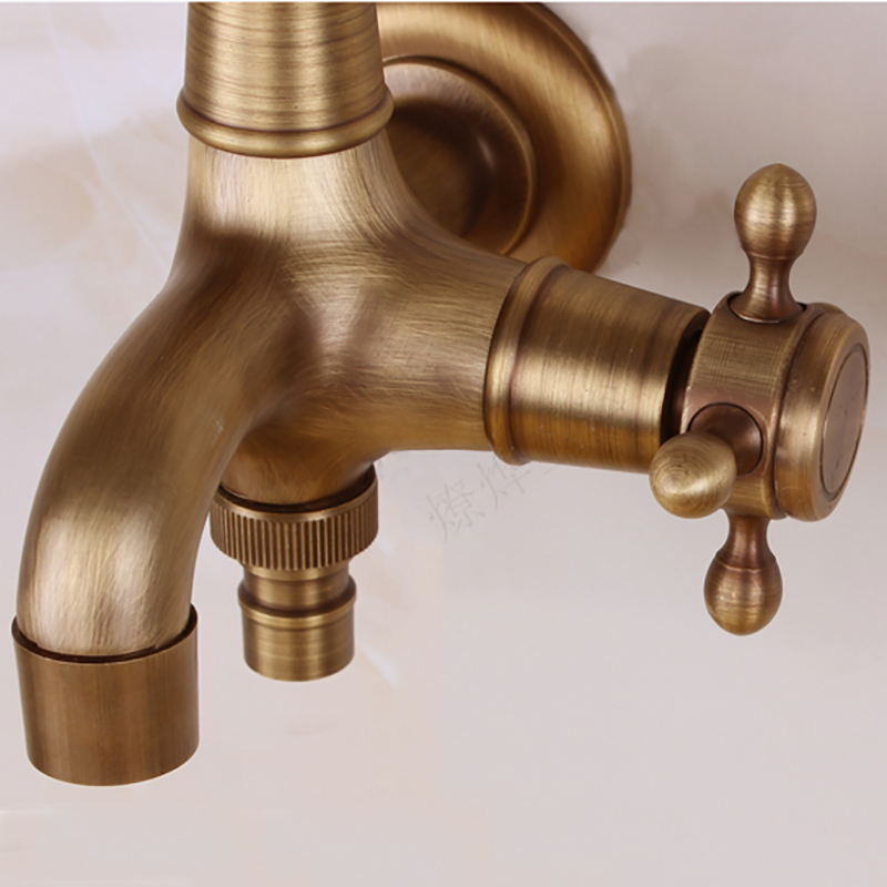 Antique Brass Wall Mount Double Using Water Faucet Bathroom Accessories Outdoor Sink Garden Taps Decorative Laundry Bibcock Cock