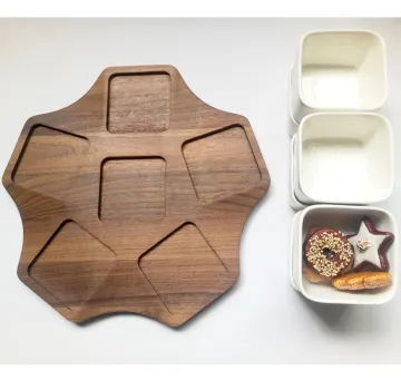 Wooden food tray with ceramic set