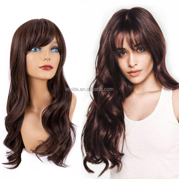 Wholesale Daily Cheap Colored Brown Black Natural Wave Synthetic Hair Wigs Long Natural Wave Synthetic Wig with Bangs for Women