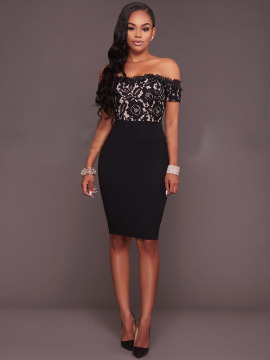 woman sexy black lace strapless hollow out midi dress