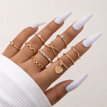 New Light Luxury Simple Cross Multi-Piece Love Hollow-Out Ten-Geometric Alloy resizable Ring Set for Girls