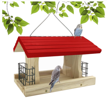 Alimentador de pájaros de madera impermeable con jaulas de alambre de metal duales y ventanas de plástico: atraer a sus aves favoritas