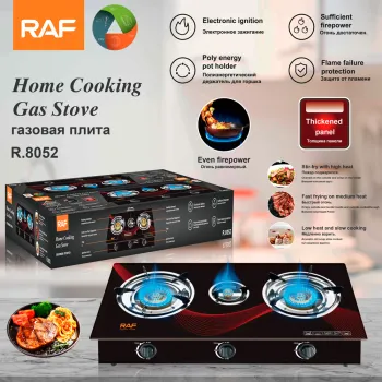 RAF New Gas Stove Black Home Cooking Professional Gas Cooktop 3 Burners Portable Gas Burner