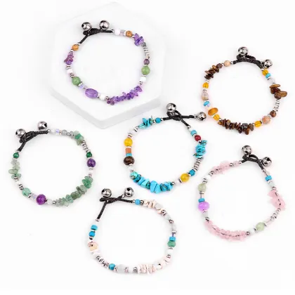 Natural Picasso Stone Chip Stone Beads Handmade Woven Silver Bell Bracelets for Women Girls