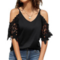 Cold Shoulder Lace Trim V Neck Half Sleeve