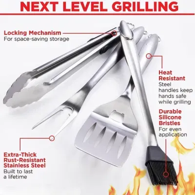BBQ Tool Stainless Steel 4PC Grill Accessories with Spatula Fork Brush Tongs