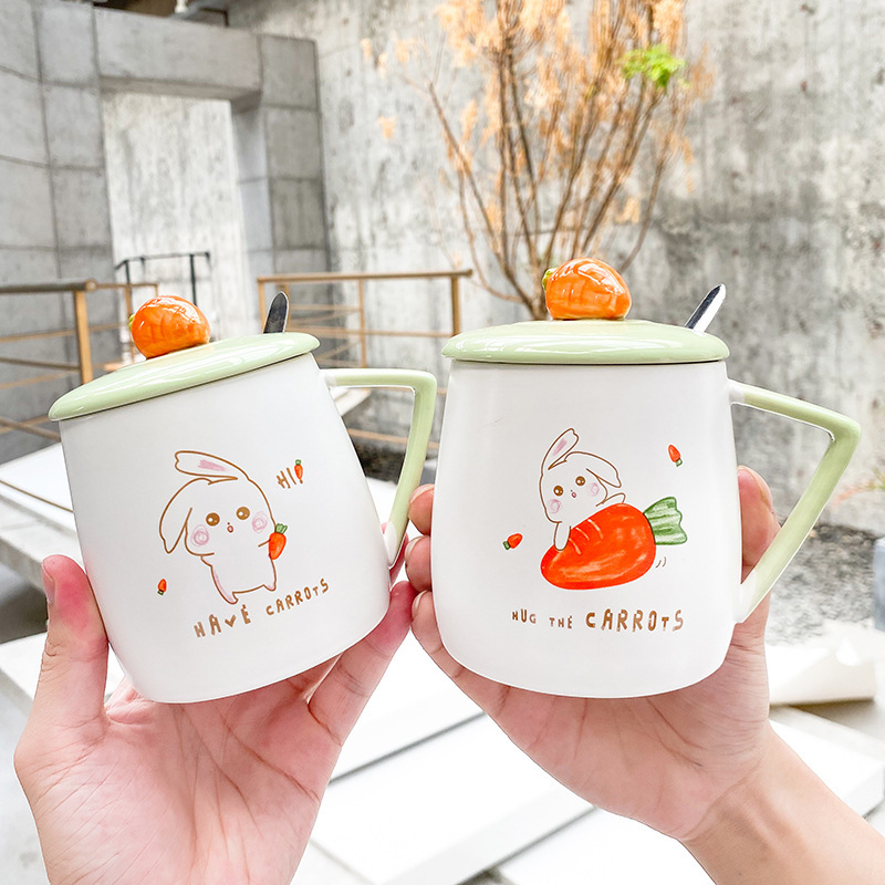 Cartoon cute radish rabbit ceramic cup with lid spoon simple mug small fresh household milk cup