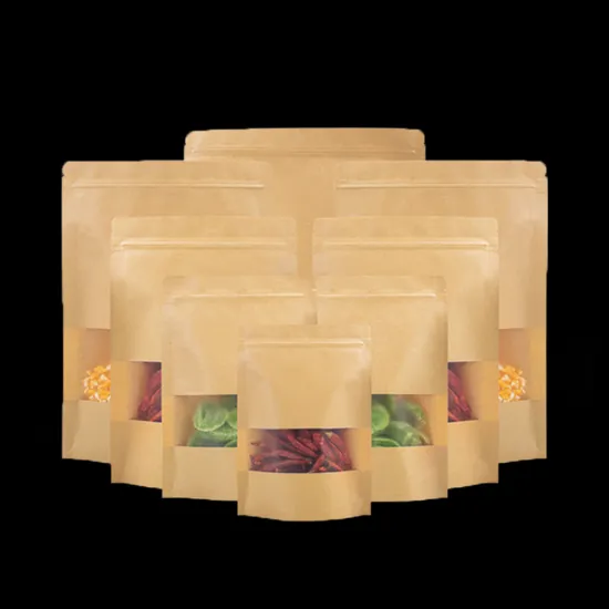 Custom Brown and White Kraft Pouches with Window - Food Packaging Zipper Bags