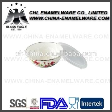 Flower printed enamel bowl with plastic lid