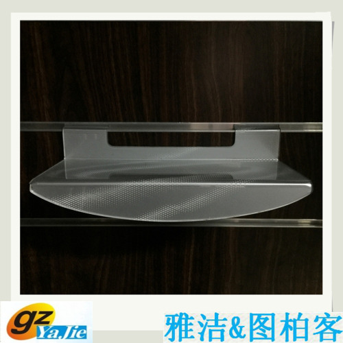 acrylic slatwall polished shoe shelf with arc-shaped sign holder .