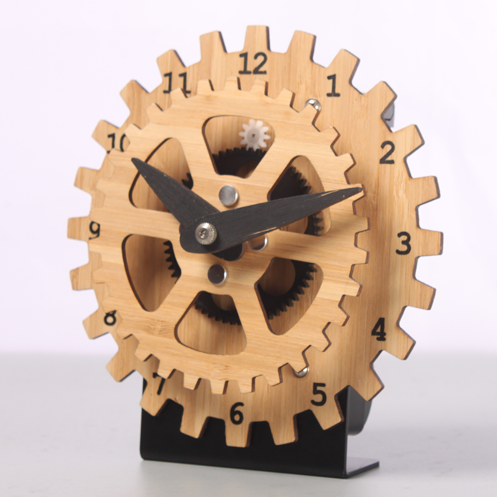 Mini Bamboo Gear Desk Clock With A Base