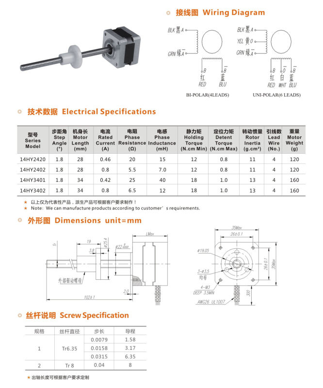 NEMA14 Linear Stepper Motor for Rail (Tr6.35 or Tr8.0)