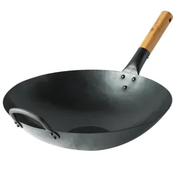 Flat Bottom hand hammered Wok wood handle Pre Seasoned Non Stick Carbon Steel Wok