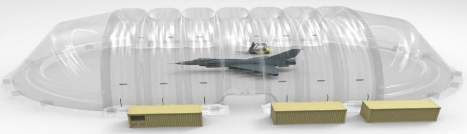 3D rendering of a transparent inflatable aircraft hangar