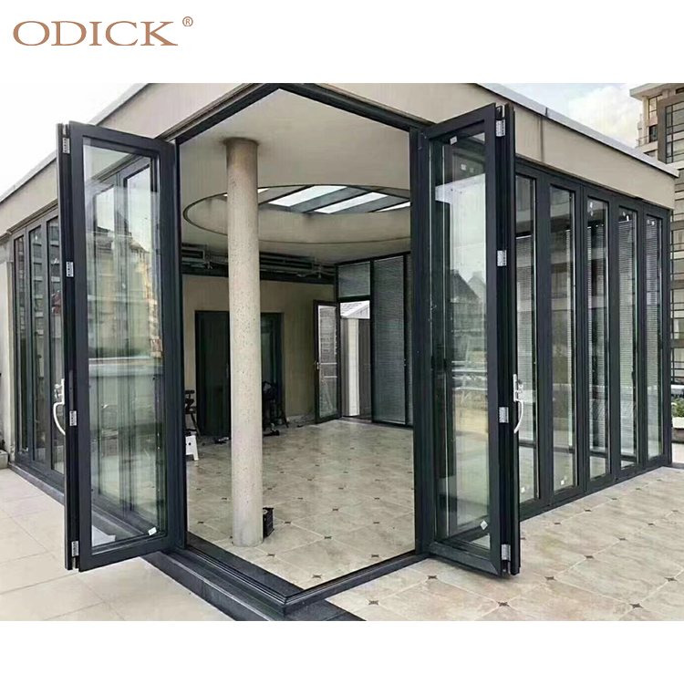Usine Vente directe extérieure noire enrobée couchée et porte pliée porte double glace glacée Factory directly sale Exterior Black Powder Coated sliding and fold door double glazed aluminium frame patio large size door1