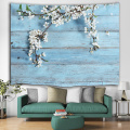 Vintage Planks with White Flower Tapestry Wall Hanging Wooden Board Sky Blue Wall Tapestry Nature Spring for Livingroom Bedroom