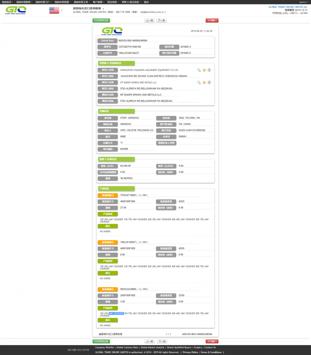 Jaw Crusher USA税関データ