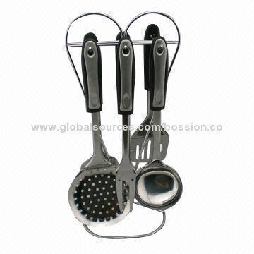 Utensil Set with 18/0 Stainless Steel and TPR Handle, Fork, Turner, Ladle, Spoon, Skimmer and Stand