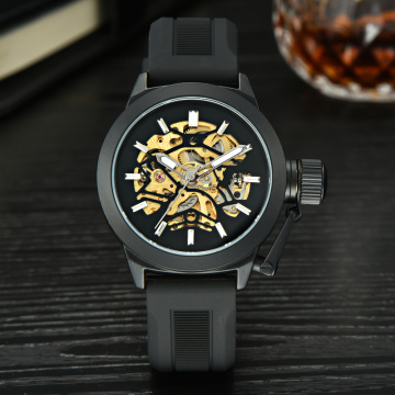 decorate your own black colour skeleton mechanical wrist watch