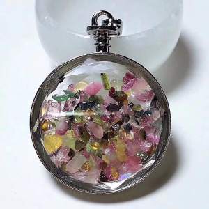 Tourmaline Chips Pocket Watch Shape Pendant Wishing Bottle Necklace