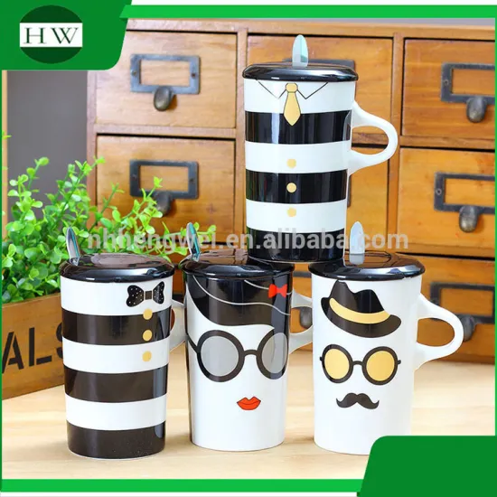 wholesale creative tie stripe milk water tea milk coffee mug cup with handle and lid and spoon