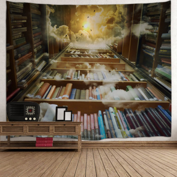 Regał Tło Tapestry Biblioteka Vintage Bookrack prowadząca do The Sky Wall Hanging College Study Room