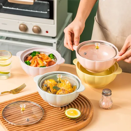 Ceramic Noodle Bowl with Glaze, Double Ears, Anti-Scalding, and Glass Lid