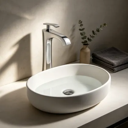 Tall brass taps bathroom