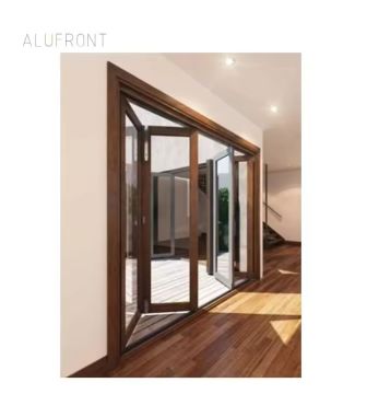 Energy Efficient Aluminum Clad Tempered Glass Folding Doors in Wood Finish