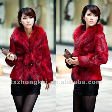 fashion design Raccoon Dog Collar Rabbit Fur Coats Jacket/rabbit fur jacket with fox fur collar