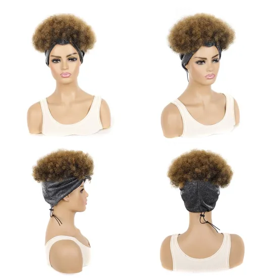 Wholesale Ombre Cheap Turban Afro Wig Afro Wig Short Heat Resistant Fluffy Synthetic Wig With Headband Attached For Women