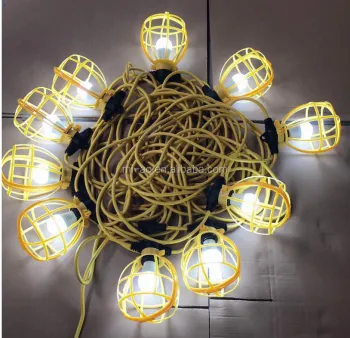 100 ft Temporary Work Construction Bulb Cages - 14/2 Male, 10 Bulbs, Plastic Cage Globe String Lights