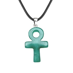 Green Aventurine Handmade Craved Ankh Pendant (20x30mm) Necklace 45cm Black Cord