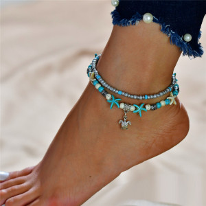 Pulsera de tobillera de tortuga azul para mujer con pulsera de tobillo de playa hecha a mano con cuentas de múltiples capas con accesorios de pie bohemio