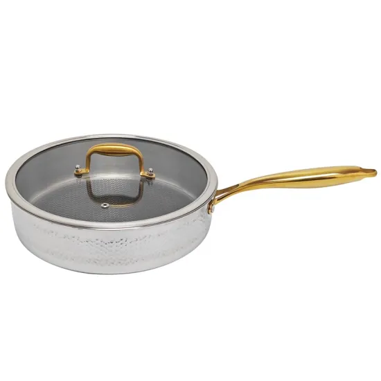 3 Ply Honeycomb Non-Stick Frying Pan with Gold Handle and Stainless Steel Clad for Induction Cooking