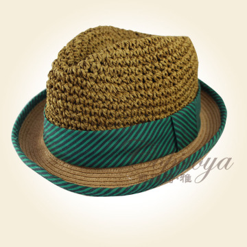 Beige Crochet Cowboy Hat With Blue Band Decoration
