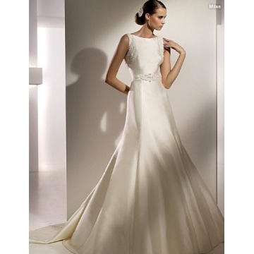 A-line Bateau Neck Chapel Train Satin U-back Beading Wedding Dress